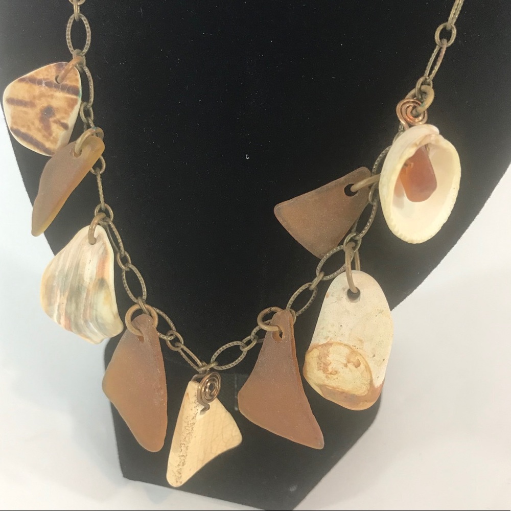 Vintage Shell & Sea Glass Chain Link Necklace 22”